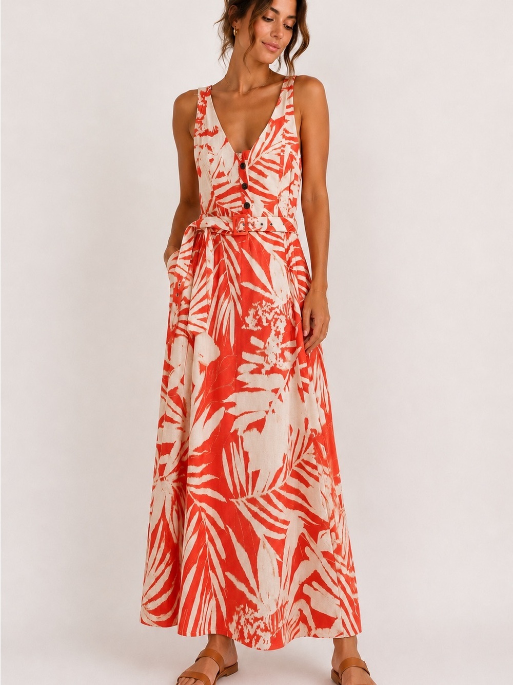 DKNY Coral and Cream Tropical Print Button-Front Maxi Dress